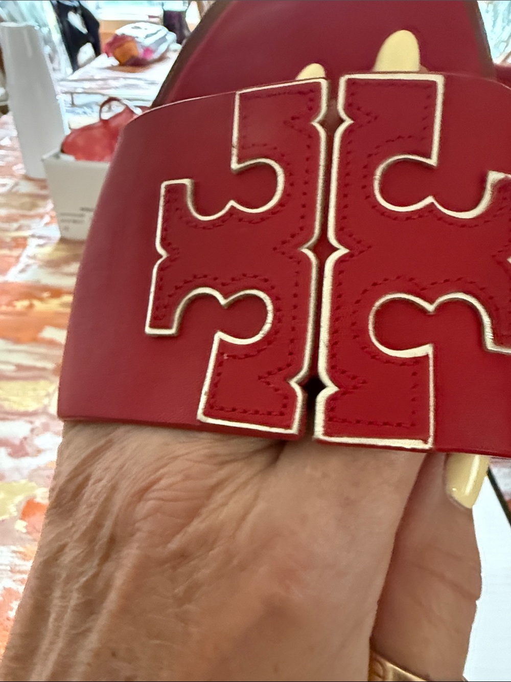Tory Burch Red/Gold Double T leather slides - Picture 10 of 16